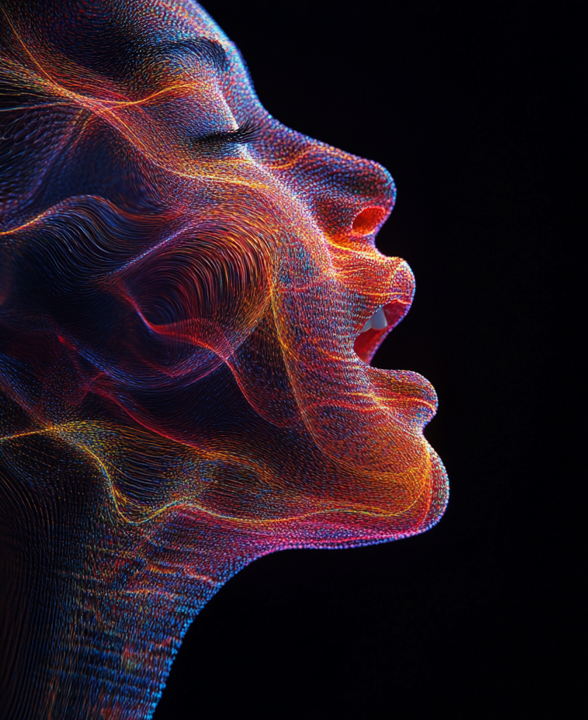 Abstract representation of a human face with flowing light lines